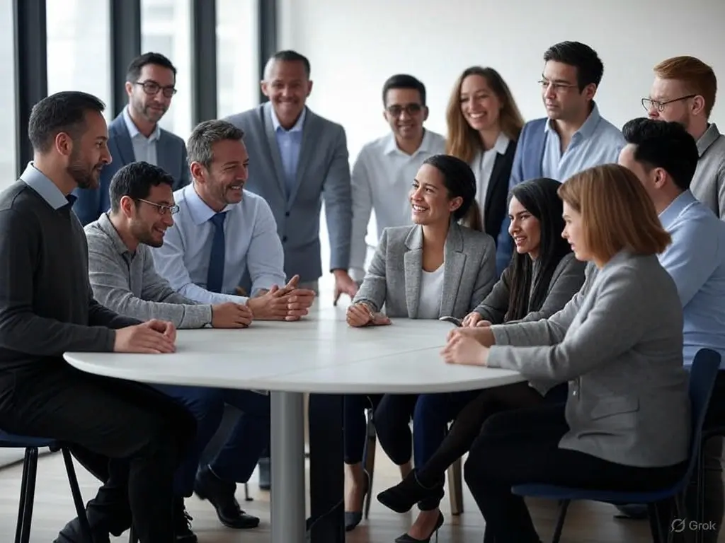 Business professionals collaborating in a corporate training environment